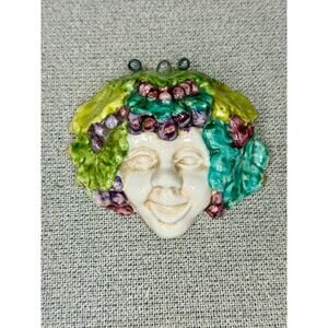 Vintage Ceramic Grape Face Mask Wall‎ Art Italian Style Bacchus Plaque 3.5”